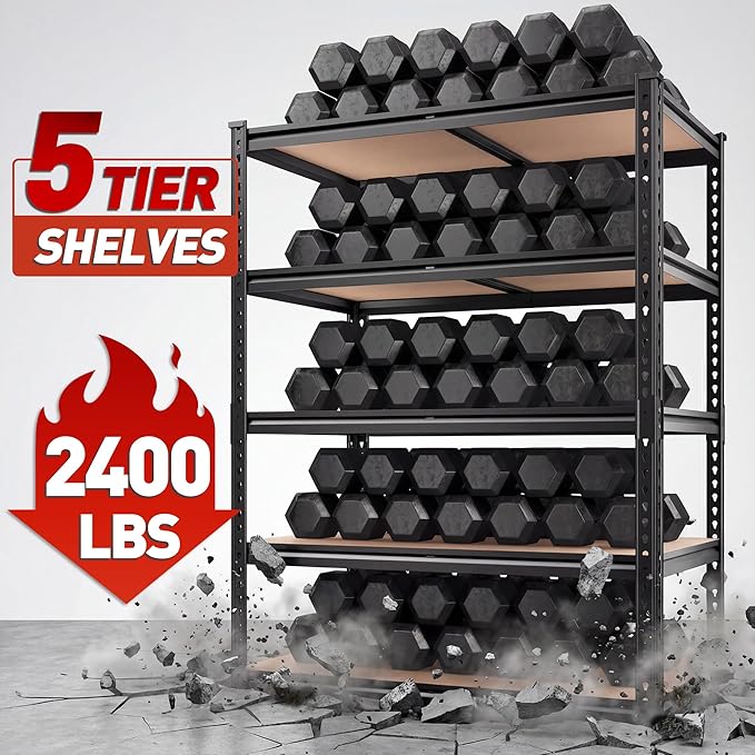 REIBII 2400LBS Storage Shelves 5 Tier Garage Shelving Heavy Duty, Adjustable Metal Shelving Unit, Garage Shelves for Basement, Warehouse, Pantry, Closet, Kitchen 72" H x 35.55" W x 16" D, 2 Pack | Heavy Duty, Adjustable, 2020LBS Capacity, Garage, Pantr...