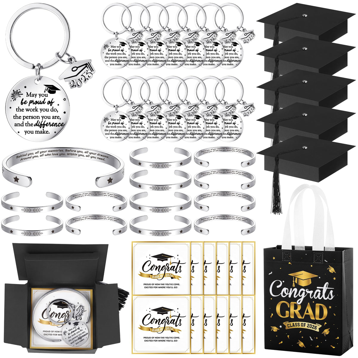 Aneco 12 Set 2026 Graduation Gifts for Classmates Grad Cap Box Unisex Bracelets Gift Bags Keychain Grad Card for Senior Night Gifts College or Junior High School Class Graduated Student