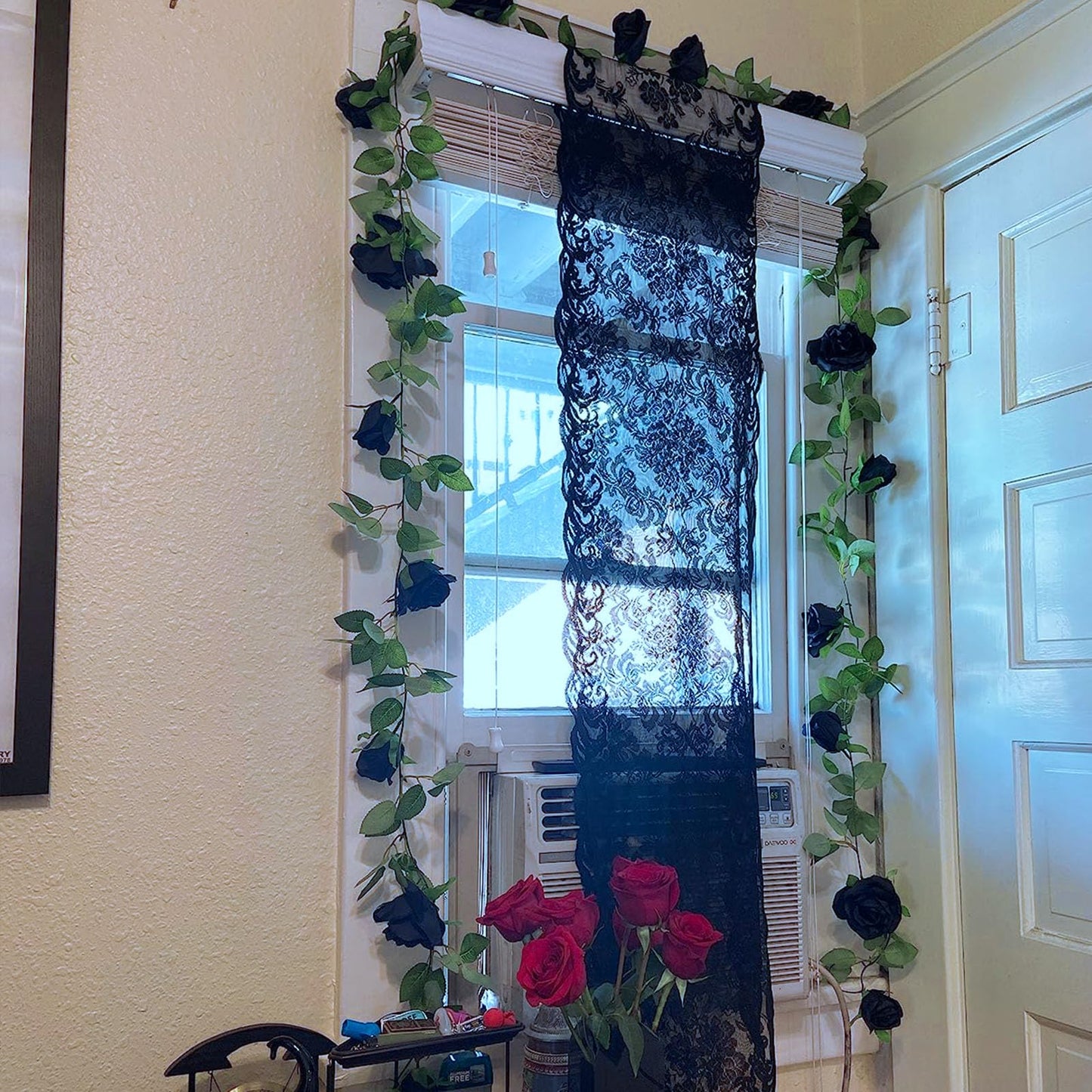 Felice Arts 2 Pack Black Artificial Flower Garland Each 6.5FT Fake Rose Vine Hanging Rose Garland for Halloween Wedding Flowers Table Centerpiece Arrangement Mirror Decor