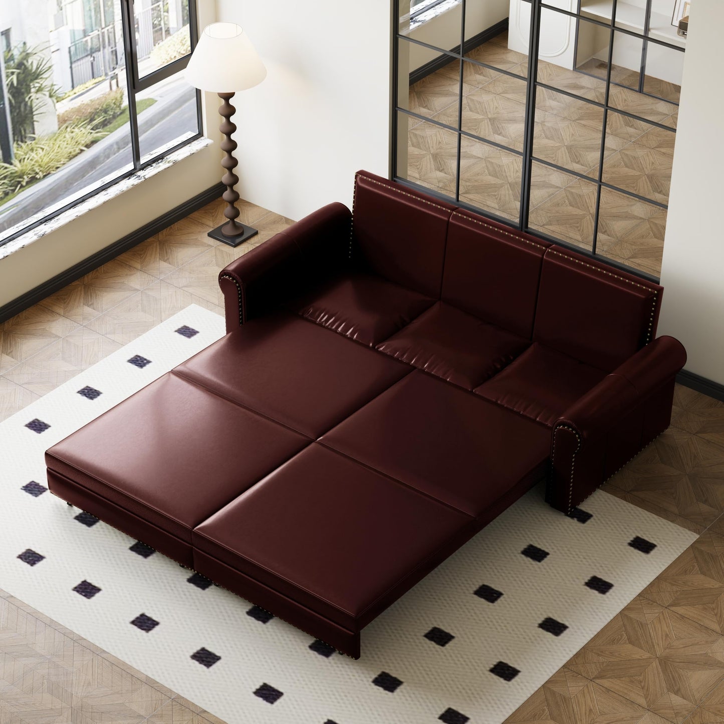 Ball & Cast 3-in-1 Convertible Sofa Bed,93.7" Faux Leather King Pull Out Couch Bed, Loveseat Sleeper Sofa with Nailhead Trim & Rolled Arm,Multi-Functional Sofa Couches for Living Room,Dark Brown