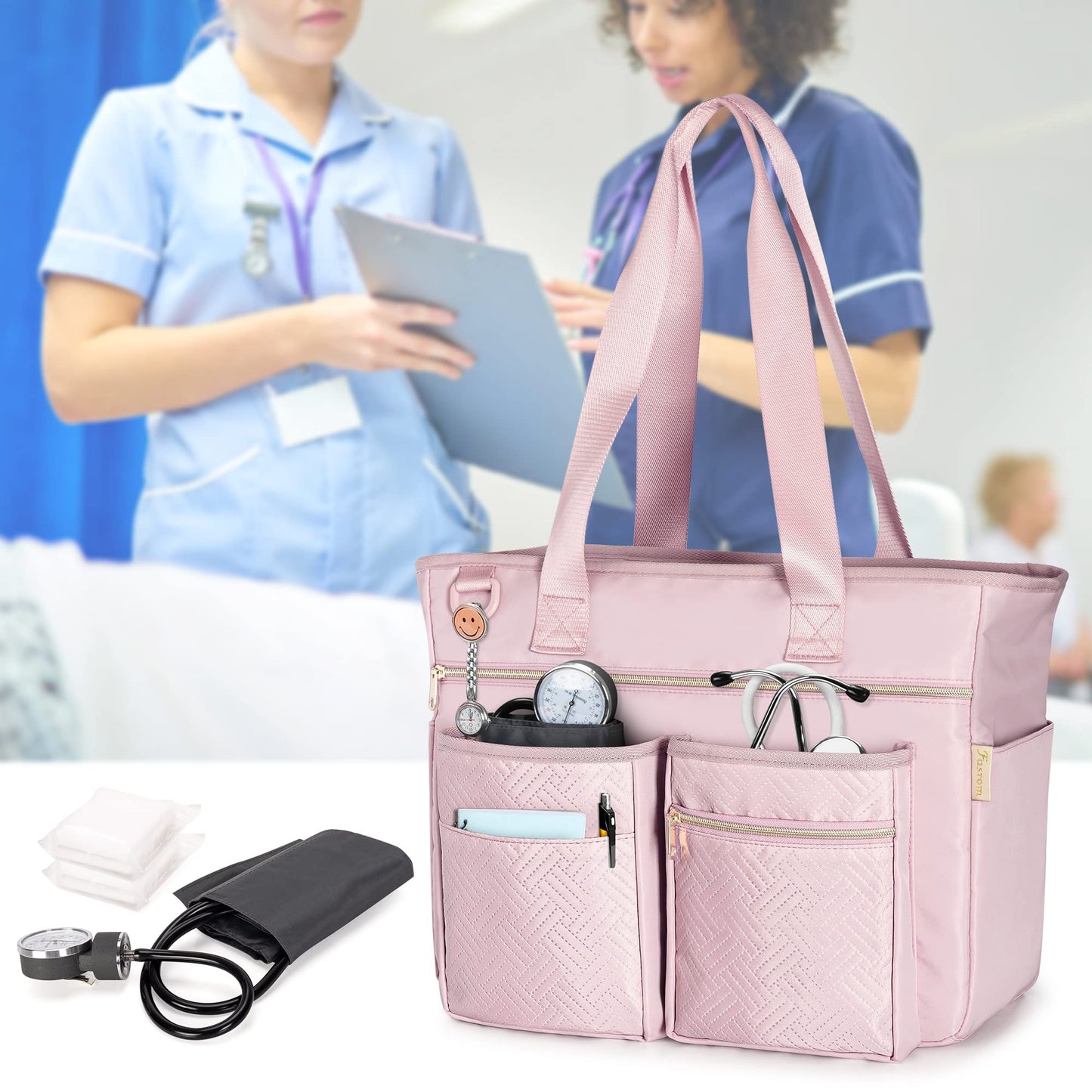 Fasrom Nurse Tote Bag for Work Nurses with Laptop Sleeve, Home Health Clinical Bag for Nursing Students and Medical Assistant, Pink (Patent Pending)
