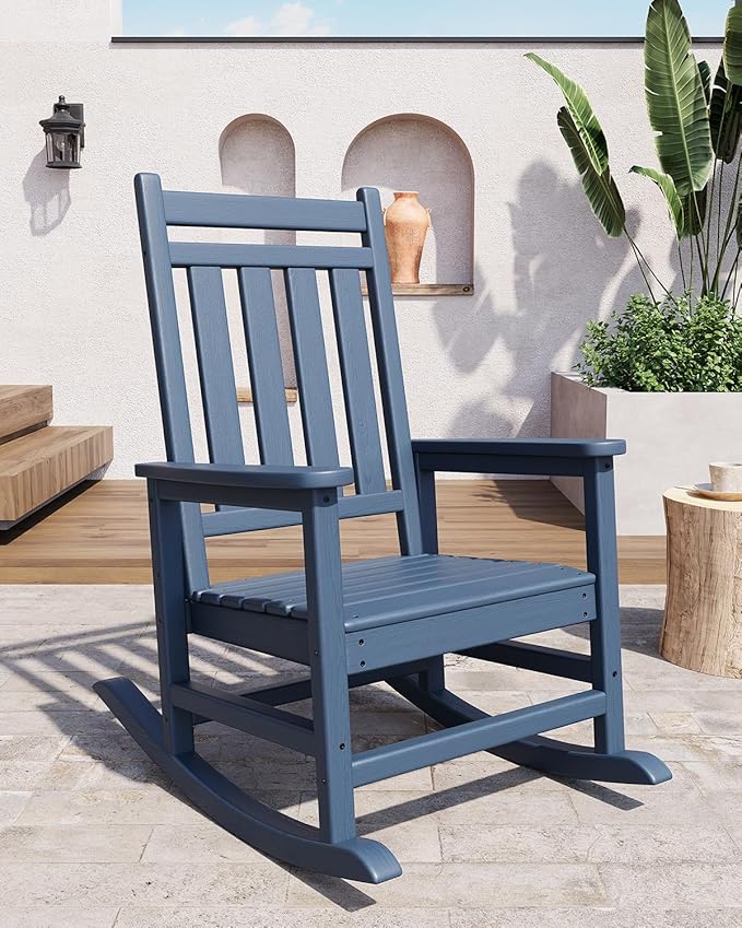 GarveeLife Poly Lumber Rocking Chair Outdoor - HDPE High Back Porch Rocker Chairs for Adults - All Weather Resistant Furniture for Patio - Navy Blue