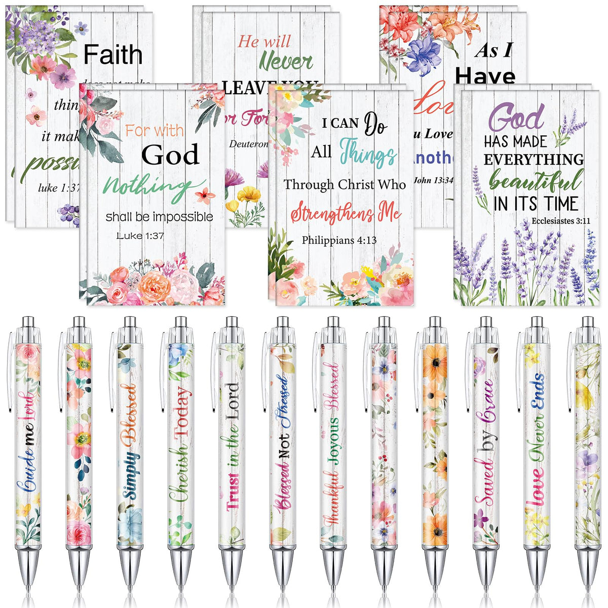 Colarr 12 Sets Christian Bulk Gifts for Women Bible Verse Pens Notebooks Religious VBS Scripture Ballpoint Pens Bookmarks Journal for Easter Sunday School Church Inspirational Supply(Floral)
