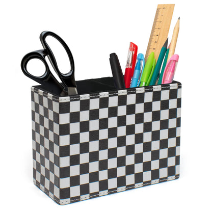 Checkered Pencil Box Desk Accessories for Office Decor, Desktop Pen Holder, Black White Racing Style Organizer Case Stand Cup Storage for Makeup Brush Study Table, with 2 Compartments, Sturdy Leather