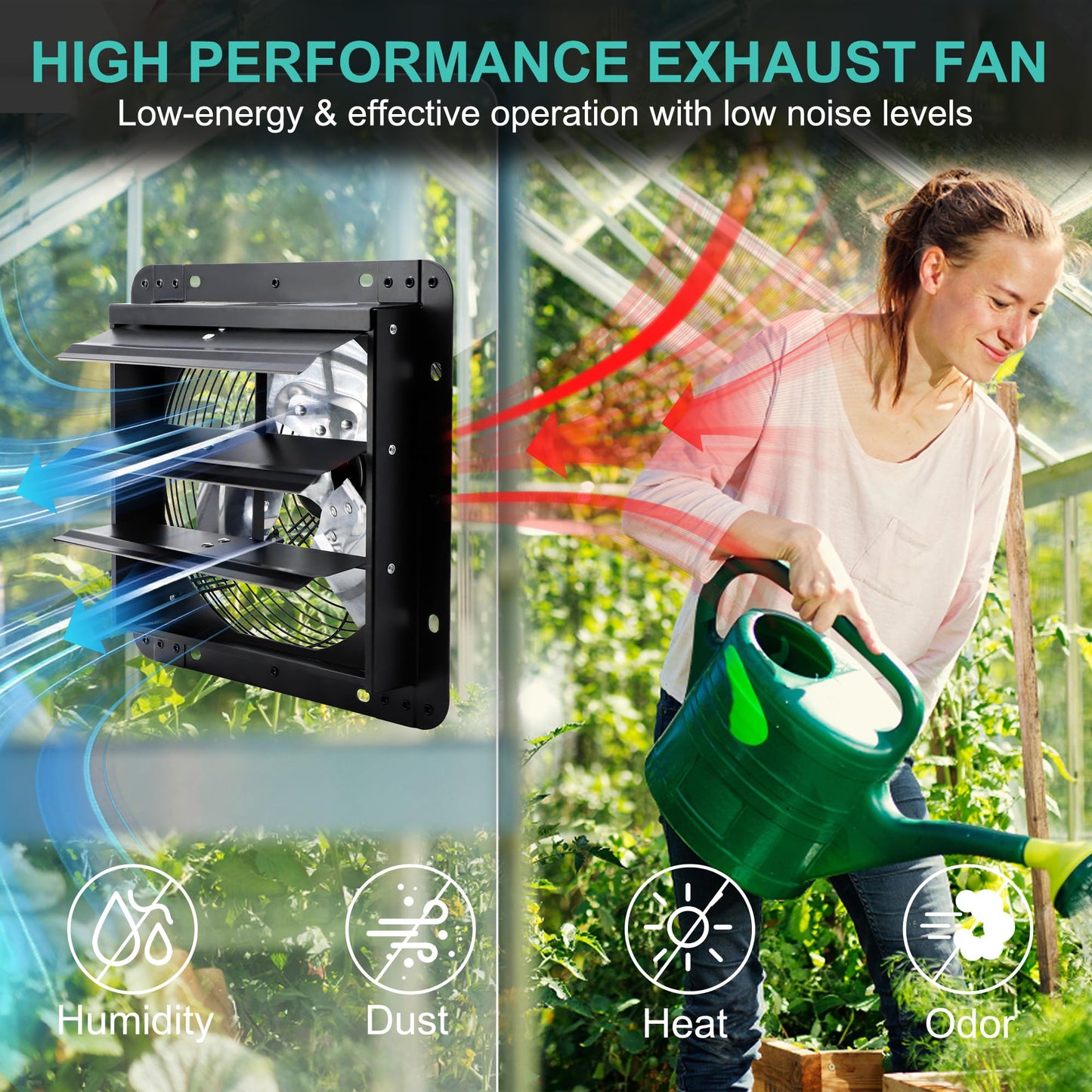 Hipoilk 12 Inch Shutter Exhaust Fan, Wall Mount Attic Fan with Power Cord for Greenhouse, Shed, Garage, Barn, Chicken Coop Ventilation, 970 CFM, Black