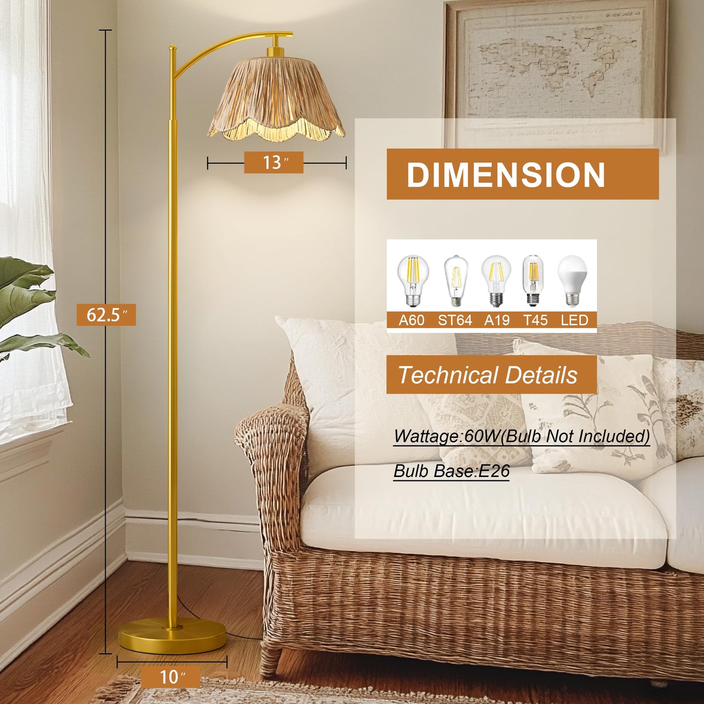 Oneach Arc Floor Lamp for Living Room,Rattan Boho Floor Lamp with Hand-Woven Shade, Foot Switch,Gold Metal Base & Pole,Farmhouse Standing Lamp for Bedroom Corner,Reading