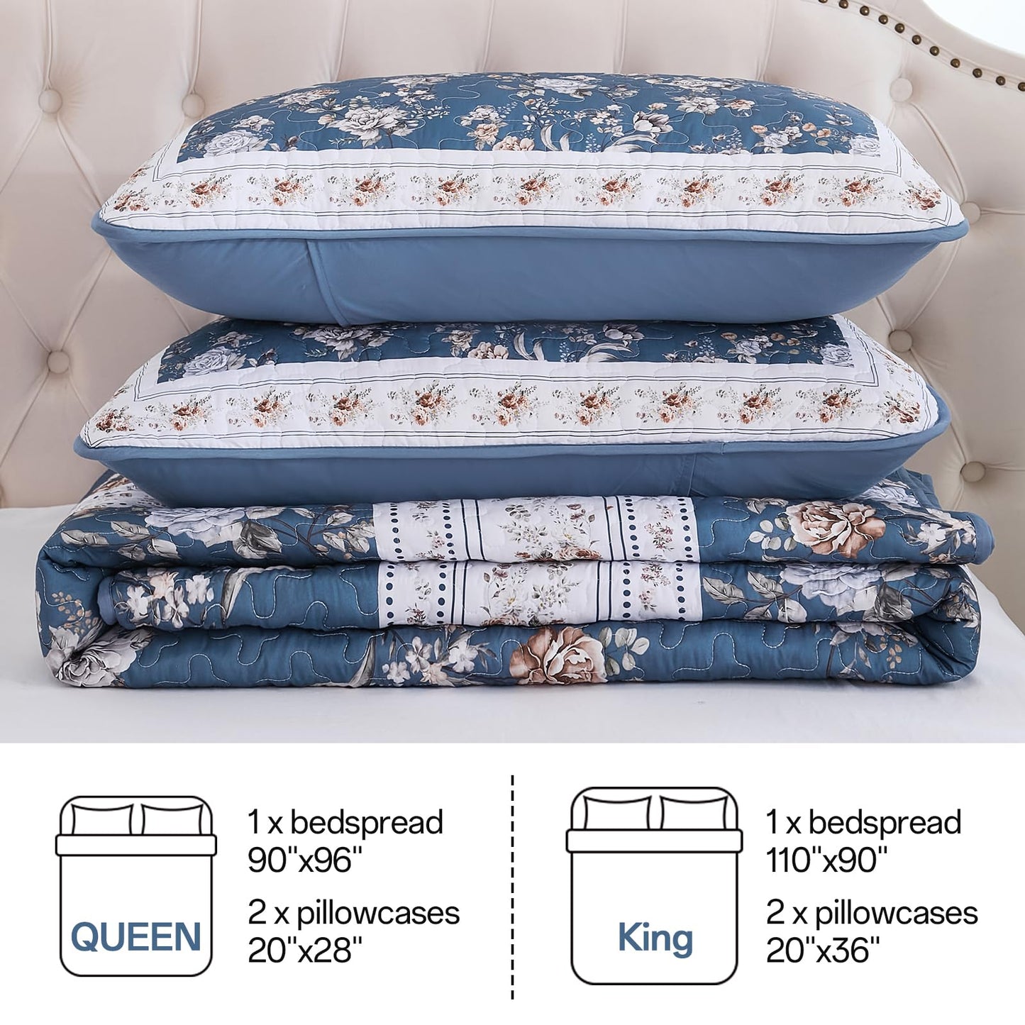 Xruibed Navy Quilt Set Queen Size, 3PCs Antique Rose Navy Quilt Coverlet Set, Lightweight Soft Microfiber Floral Bedspread with 2 Pillowcases for All Season (Queen Size 96"x90")