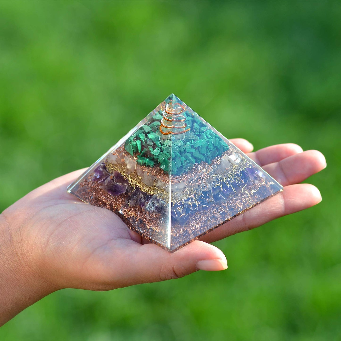 Orgonite Crystal Orgone Pyramid with Rose Quartz, Amethyst, and Malachite – Decorative Gemstone Pyramid for Meditation, Yoga, Gifting, Home or Office Décor