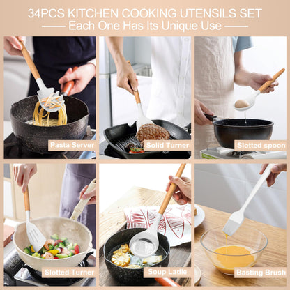 Silicone Cooking Utensils Set, 43Pcs Non-Stick Heat Resistant Kitchen Utensils Spatula Set with Wooden Handle for Baking, Cooking, and Mixing, Best Kitchen Gadgets Tools with Holder (White)