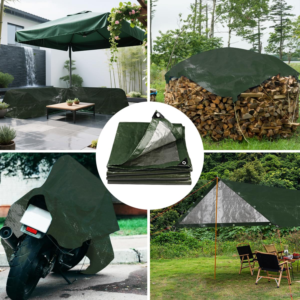 Onarway Tarpaulin Waterproof Heavy-Duty for Outdoor: 3m x 4m 105GSM UV/Tear Resistant PE Tarpaulin Sheet with Reinforced Grommets for Garden Furniture & Ground Use - Green