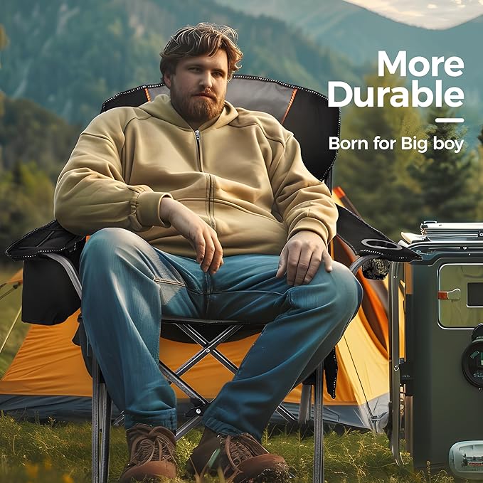ALPHA CAMP Heavy Duty Camping Chair 500LBS Capacity, Oversized Folding Chair for Heavy People, Padded Portable Outdoor Chair with Cooler Bag & Cup Holder for Camping, Fishing, Beach