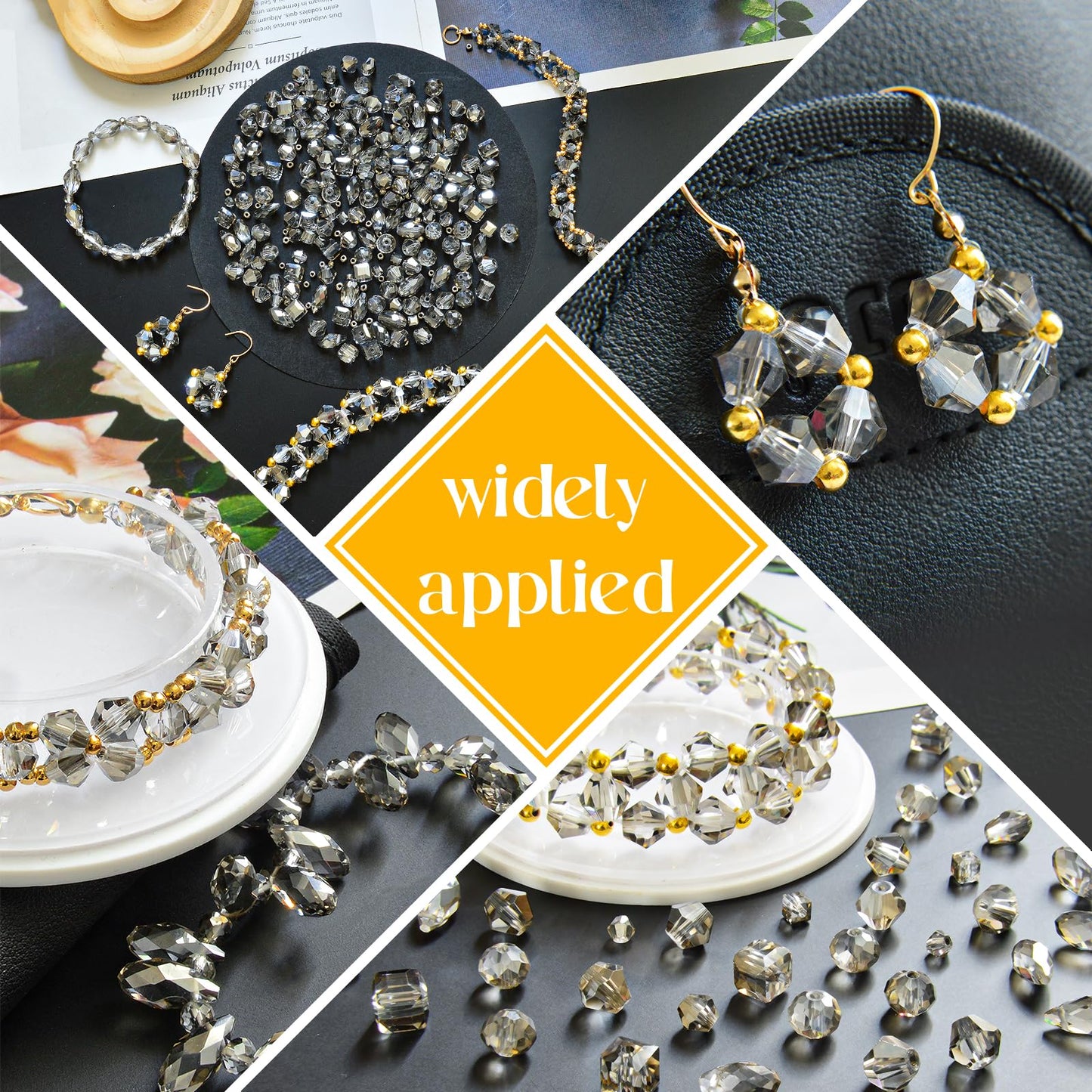 Laopottbeads 1500 Pcs Crystal Glass Beads for Jewelry Making – 12 Styles Bicone, Rondelle, Cube, Teardrop & 3mm Spacer Beads, DIY Bracelet Necklace Earring Craft Kit with Organizer Box(Grey)