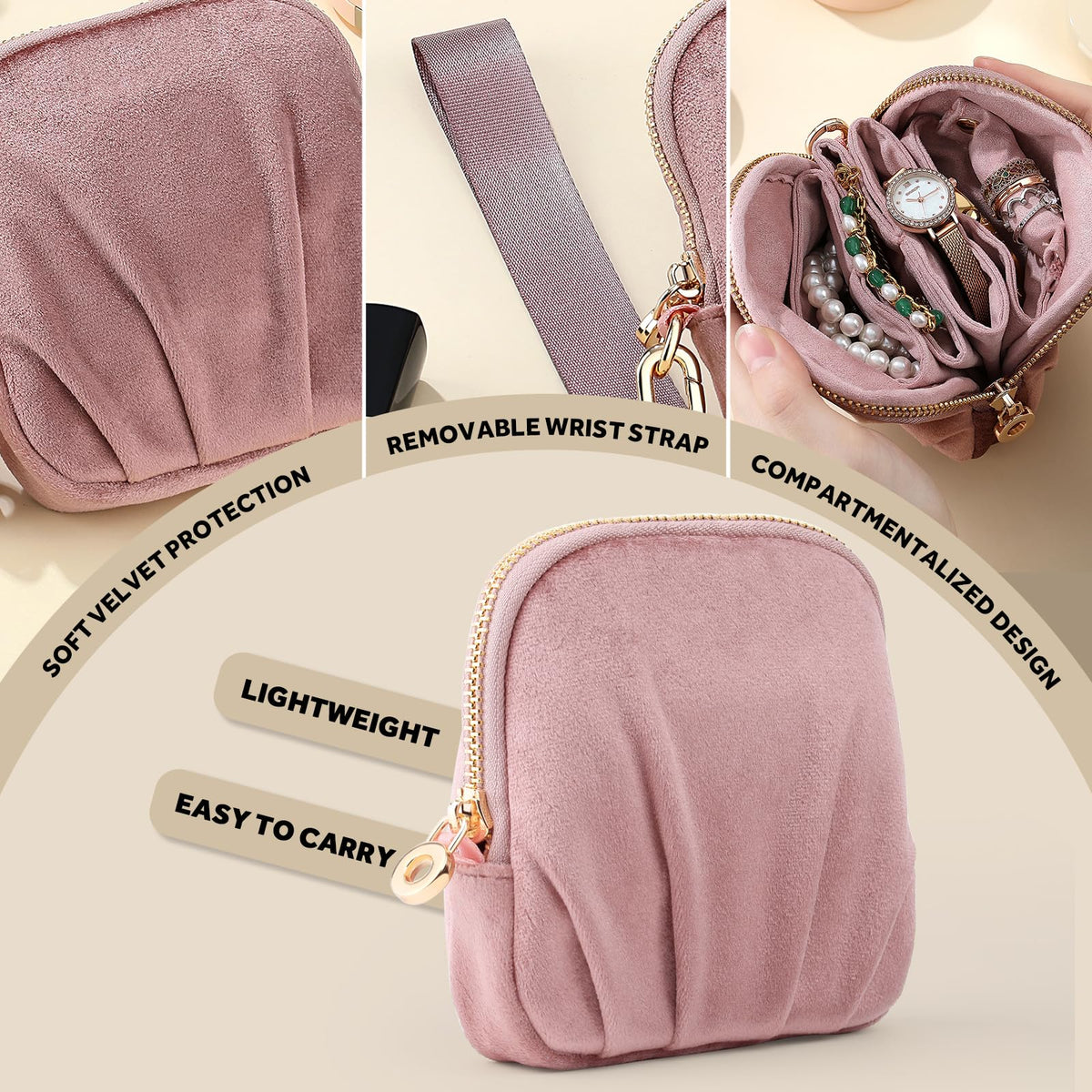 Lumayina Velvet Travel Jewelry Pouch, 2-in-1 Clamshell Case with Detachable Insert, Portable Travel Jewelry Organizer with Wrist Strap, Converts to Mini Coin Purse, Gift for Women & Girls (Dusty Pink)