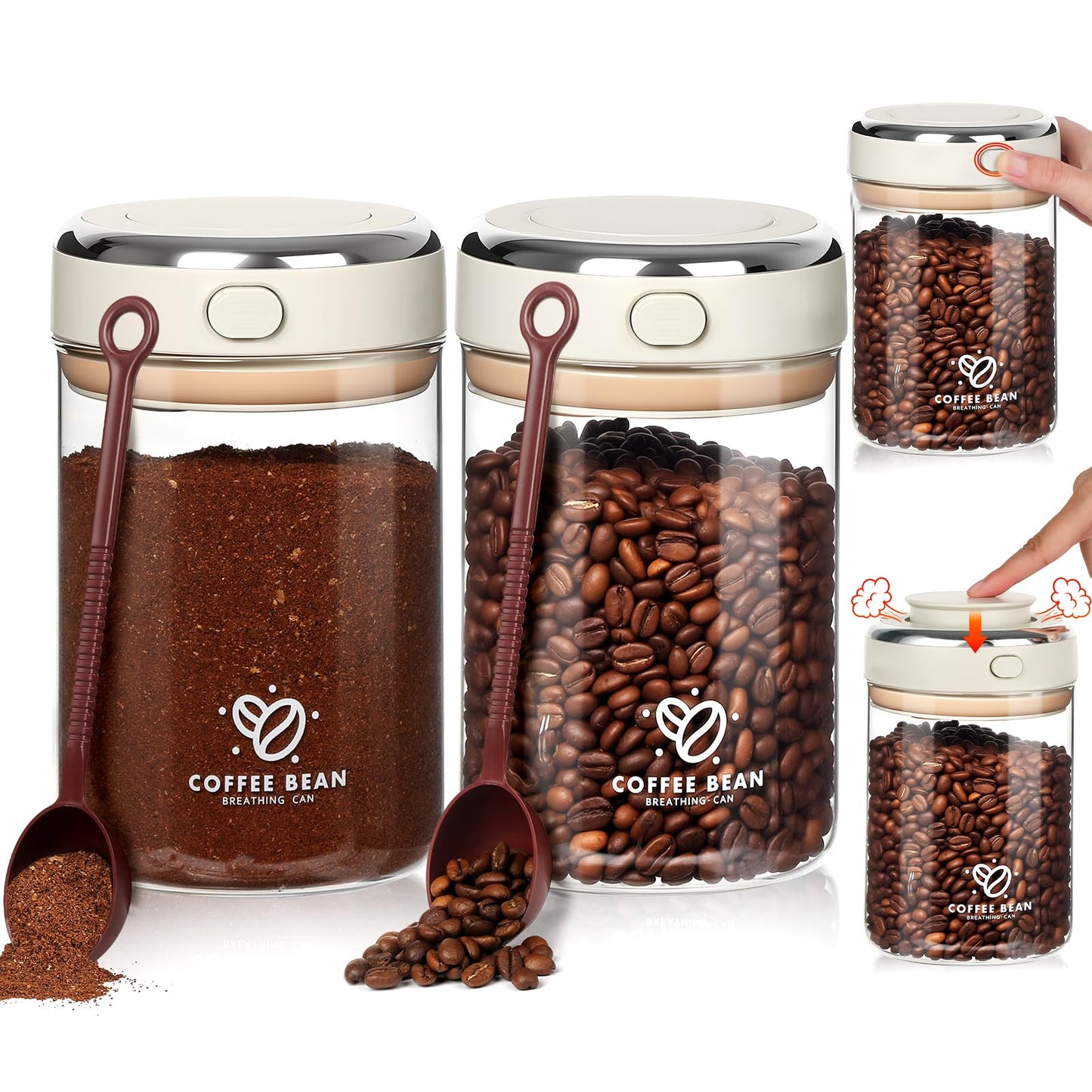 2 Pack 37oz Coffee Bean Storage Container with Scoop Glass Airtight Coffee Canister with One-Way Valve Airtight Lid Date Tracker Storage Container for Grounds Beans Tea Cereal Sugar Flour Cookies