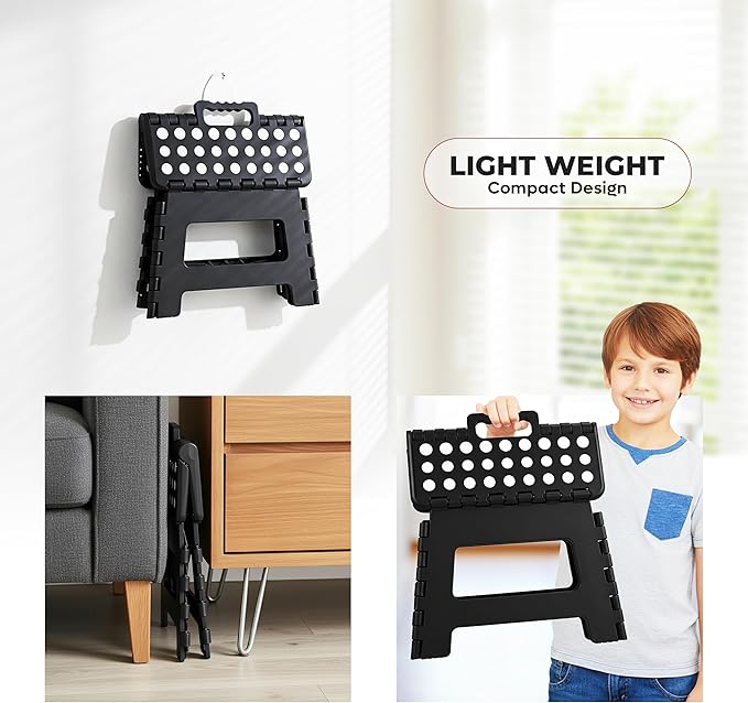 Utopia Home Folding Step Stool with Handle – 9 Inch Anti Slip Collapsible Stool – Holds Up to 300 lbs – Sturdy Plastic Step Stool Foldable for Kitchen, Bathroom and Home Use (2-Pack, Black)