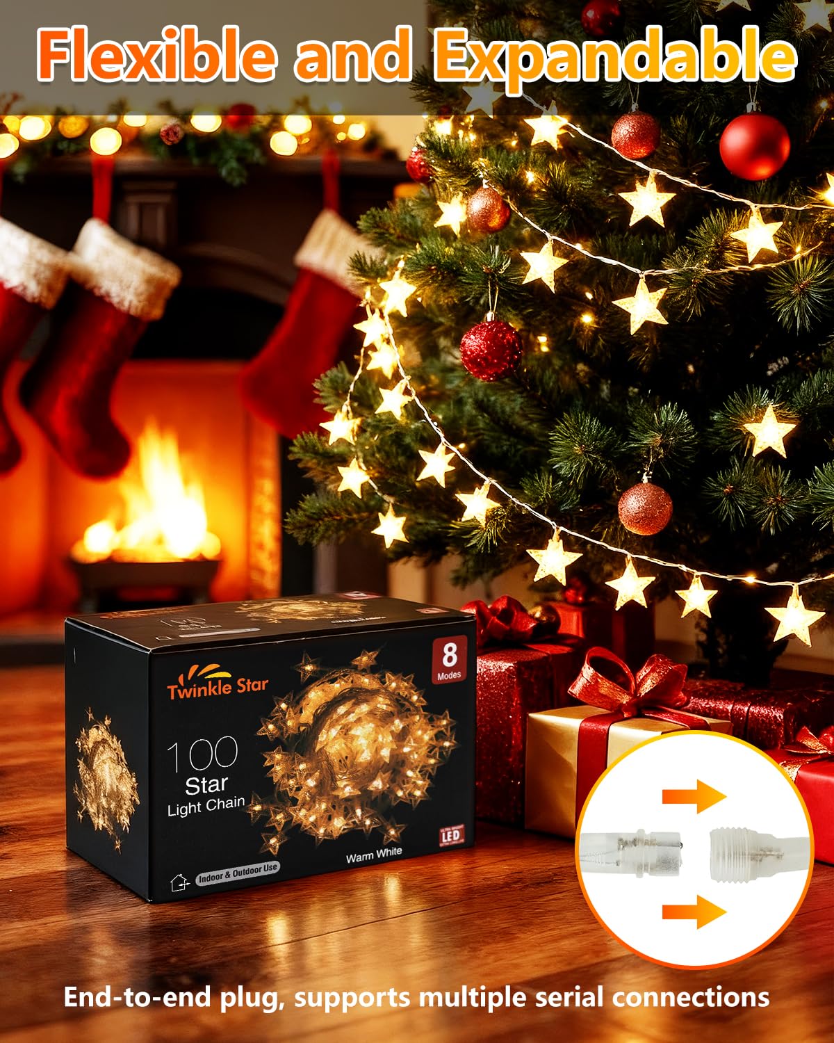 Twinkle Star 100 LED Star String Lights, 33FT Plug in Fairy String Lights Waterproof for Bedroom Decor, Indoor, Outdoor, Wedding Party, Christmas Tree, New Year, Ramadan, Warm White