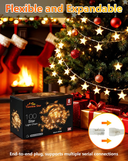 Twinkle Star 100 LED Star String Lights, 33FT Plug in Fairy String Lights Waterproof for Bedroom Decor, Indoor, Outdoor, Wedding Party, Christmas Tree, New Year, Ramadan, Warm White