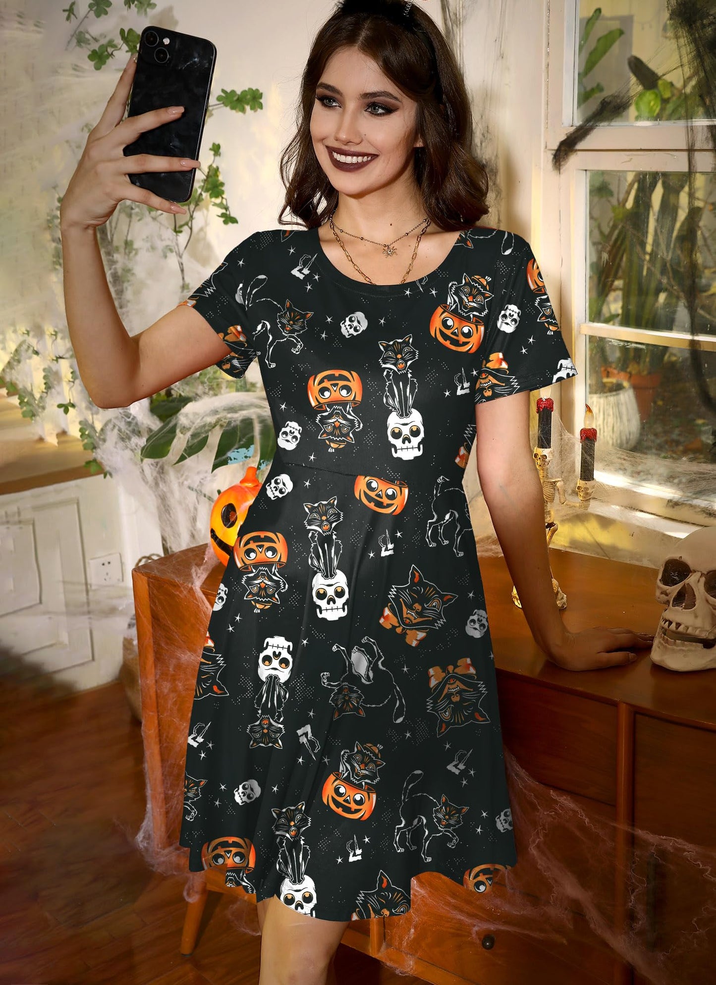 Halloween Casual Crewneck Women's Costume Funny Cute Print Cosplay Vintage Dress Jackolanterns Skulls Black Cats M