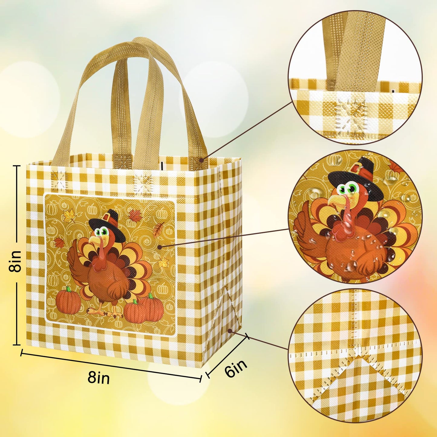 AnyDesign Fall Reusable Gift Bag Plaid Pumpkin Turkey Gnome Tote Bags with Handles Autumn Party Treat Bag Grocery Shopping Bags for Thanksgiving Patch Party, 8 Pack