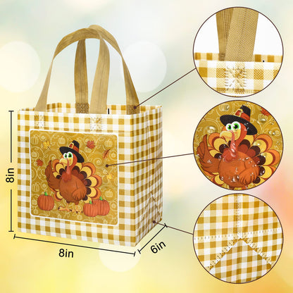 AnyDesign Fall Reusable Gift Bag Plaid Pumpkin Turkey Gnome Tote Bags with Handles Autumn Party Treat Bag Grocery Shopping Bags for Thanksgiving Patch Party, 8 Pack