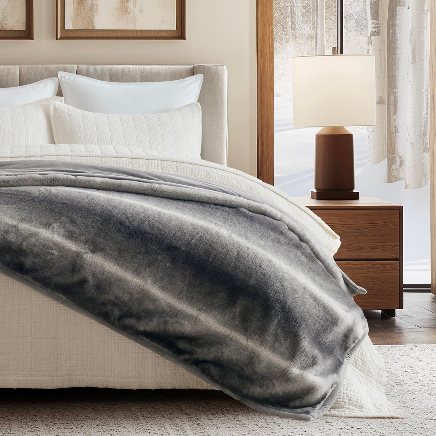 EVERGRACEHOME Ultra Soft Luxury Fluffy Mink Faux Fur Throw Blanket, Thick Warm Fall Winter Blankets for Bed, Couch, Cozy Plush Reversible Blanket for Chair, Sofa (Ombré Silver Onyx, 60"x80")