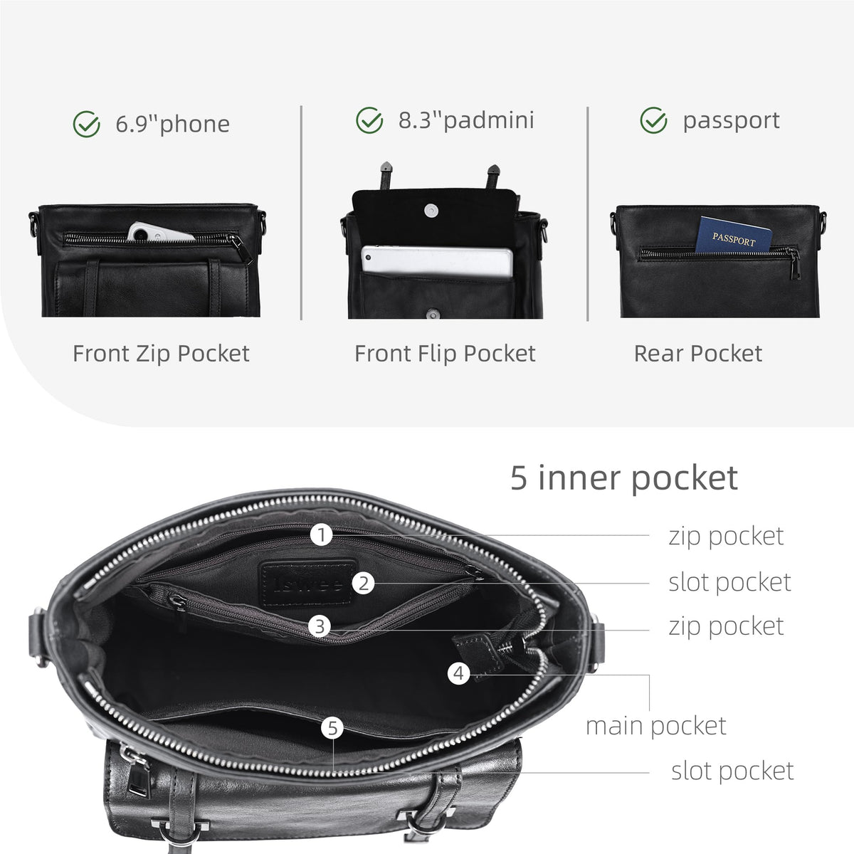Iswee Soft Leather Crossbody Bags for Women Shoulder Handbags Multi Pocket Travel Purse with Adjustable Strap Medium Size (Black)