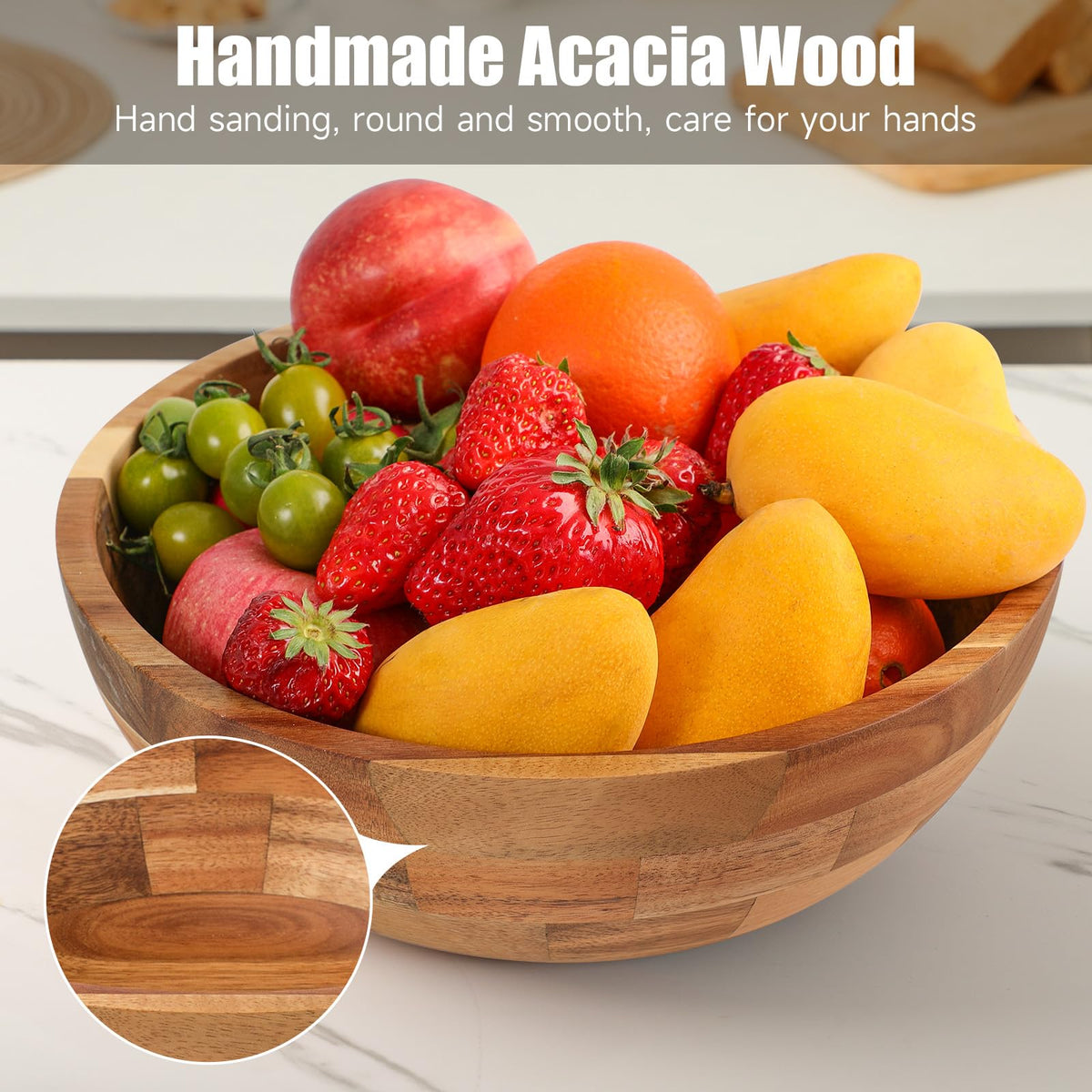 JOYMAY Salad Bowls Wood Salad Bowl Set with Lid 11.8 Inch Large Wooden Bowls Set Acacia Wood Serving-Bowl with Serving Utensils Bowl for Kitchen, Dining, Party