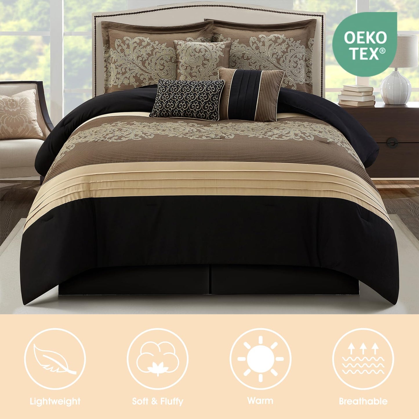 LANCO MODERN LIFESTYLE Black Gold Comforter Set, Queen, Damask Jacquard with Matching Solid Piece Work, 7 Piece Soft Bedding Set for All Season, Bed Skirt, Pillow Shams and Decorative Pillows