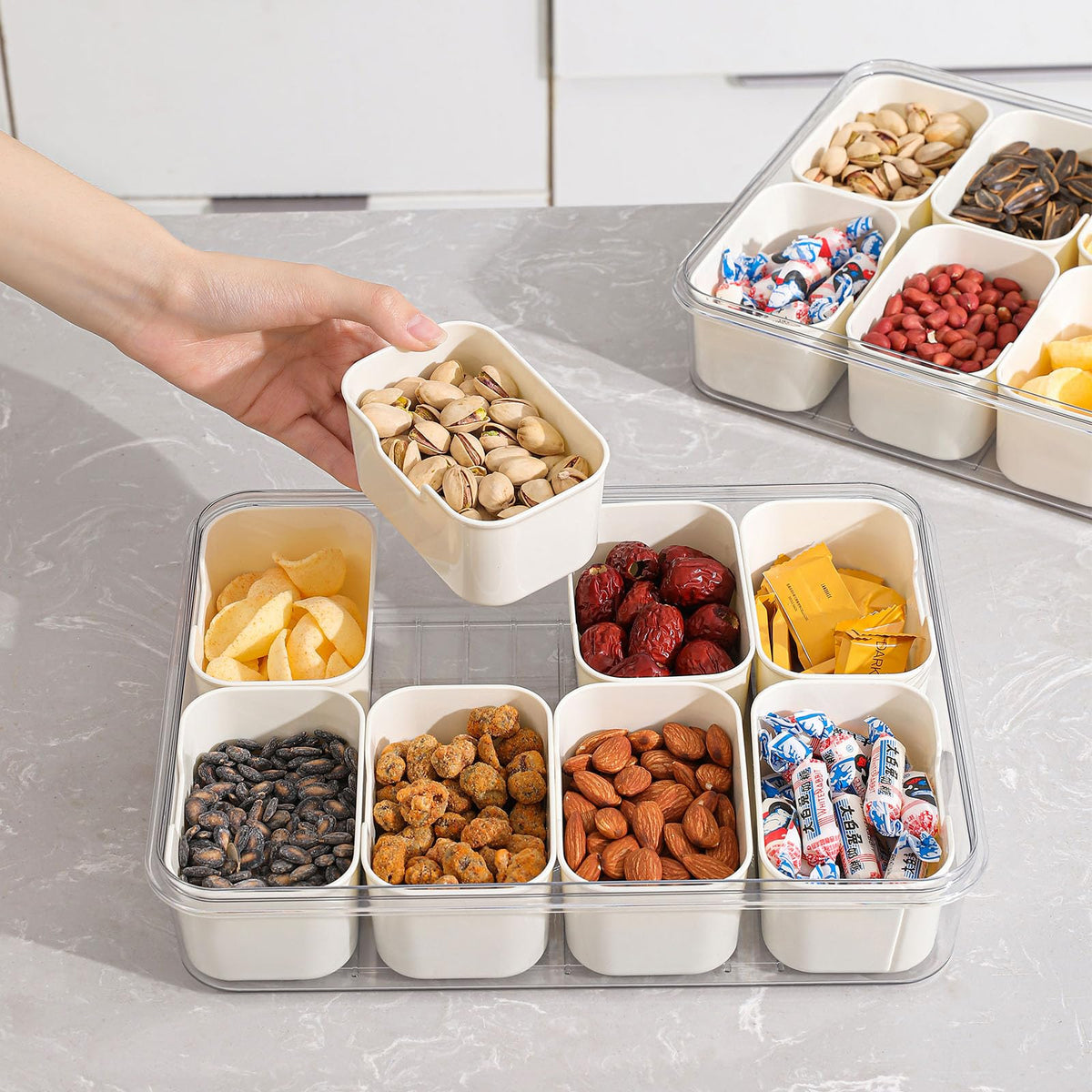 shopwithgreen Divided Serving Tray with Lid and Handle, Portable Snackle Box Charcuterie Container for Party, Veggies, Snack, Fruit, Nuts, Candy, Christmas Tray Snack Box for Entertaining, Picnic