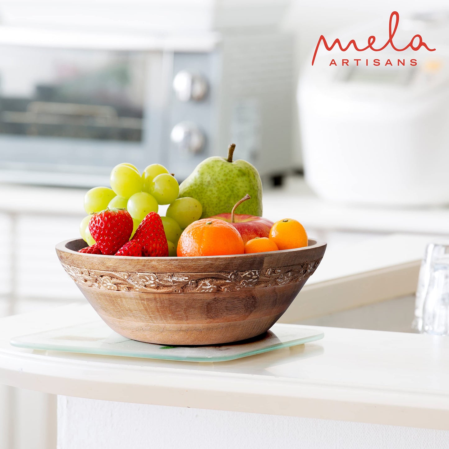 Mela Artisans 12 in Wide x 4.5 in Tall Jasmine Mango Wood Bowl – Hand-Carved Decorative Serving and Fruit Bowl with Whitewash Finish for Kitchen Counter, Salad, Bread and Home Decor