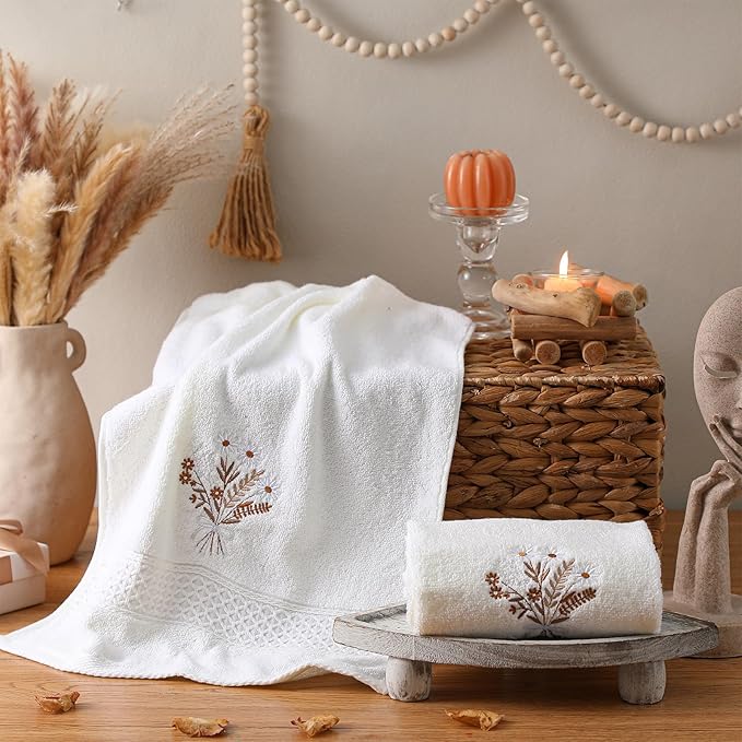 2 Pcs Boho Flowers Hand Towels Beige Bathroom Wildflowers Decor 14x29 Inch