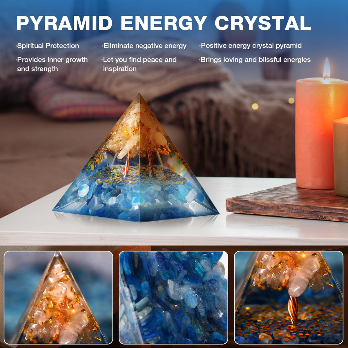 Pankósmios Orgone Pyramid - Amethyst & Obsidian - Generate Positive Energy, Reduce Stress, Aid Chakra Reiki Healing, Meditation - Attract Luck & Fortune - Blue