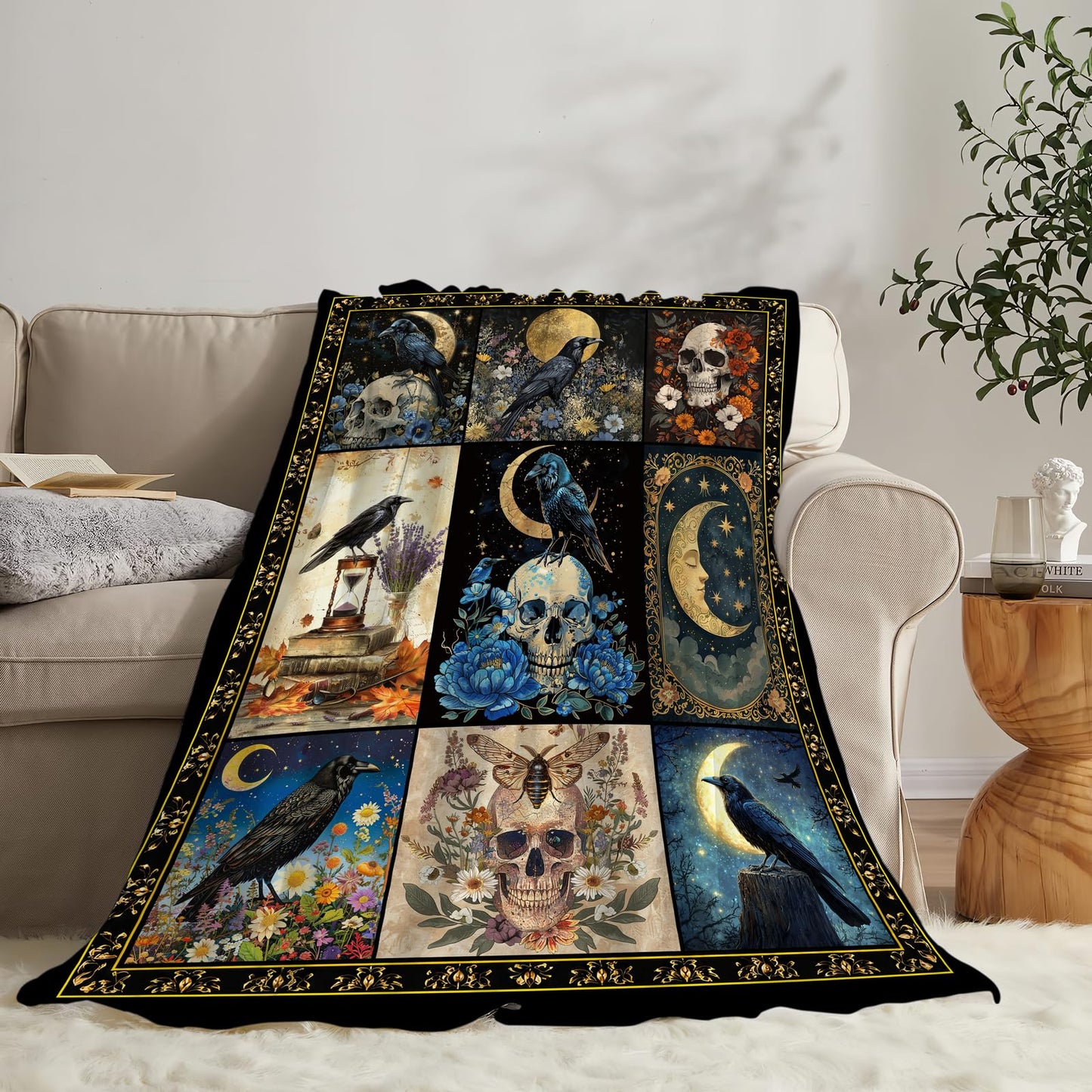 Gothic Raven Blanket Soft Fuzzy Fleece Skull Moon Crow Throw Blankets Decor Cozy Warm Plush Flannel Dark Floral Blanket Gifts for Girls Women Kids Adults Home Decor Stuff Sofa Couch Bed 50"X40"