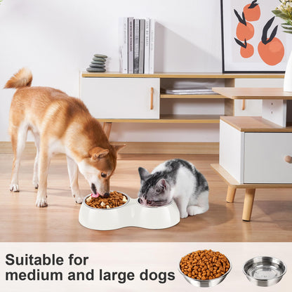 PetVillage Elevated Dog Bowls Set - Non-Slip Raised Pet Feeder with Medium (10 oz) & Large (20 oz) Stainless Steel Bowls - Includes Durable Resin Stand for Corgi Puppies and Adult Cats - White