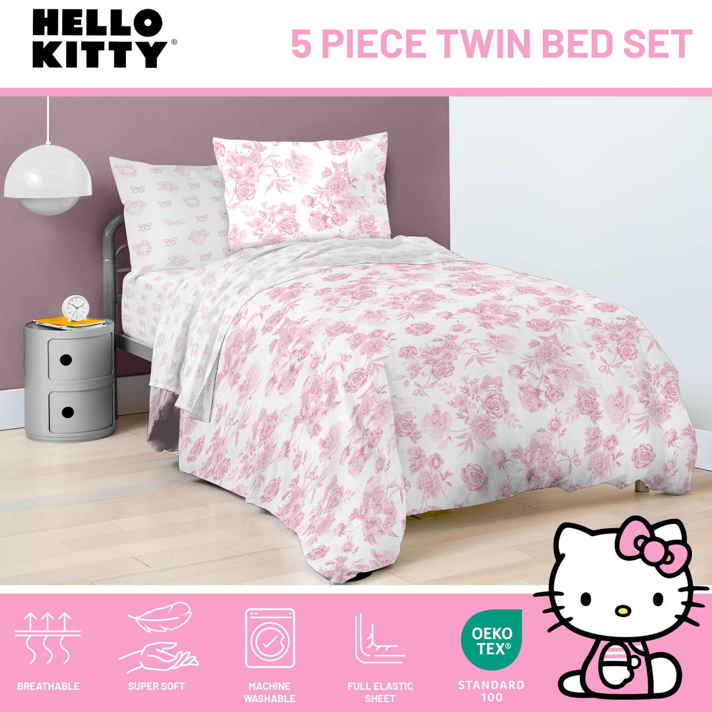 Jay Franco Comforter Set Includes Sheets and Pillow Covers - Soft and Cozy Bed Set for Stylish Room Decor, Official Licensed Product, Multi - Hello Kitty, 5 Piece Twin