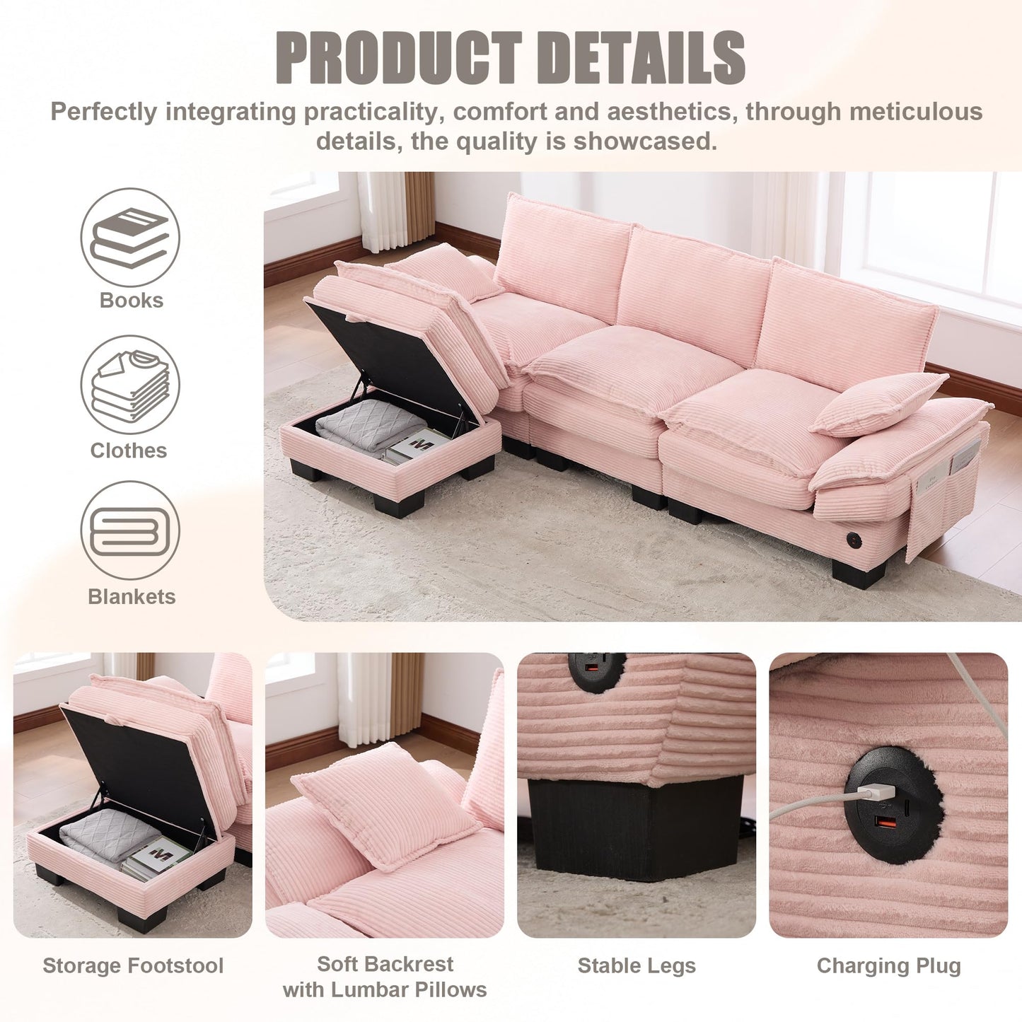 130" Oversized Modular Cloud Sectional Sofa Convertible U/L Shaped Couch Sets for Living Room - 6 Seater Corduroy Cloud Cushion Couches with Storage Ottomans and Pillow Armrest