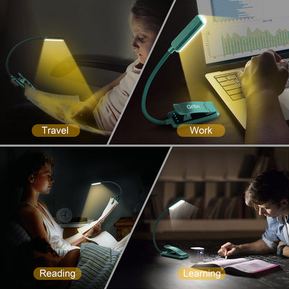 Gritin 9 LED Rechargeable Book Light for Reading in Bed - Eye Caring 3 Color Temperatures,Stepless Dimming Brightness,80 Hrs Runtime Small Lightweight Clip On Book Reading Light for Studying