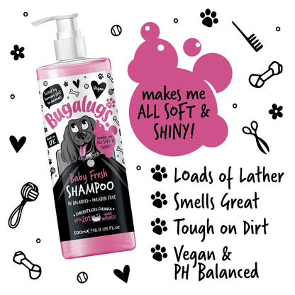 BUGALUGS Baby Fresh Dog Shampoo 16.85 FL Oz - Grooming Product for Smelly Dogs with Baby Powder Scent - Best Puppy Shampoo, Conditioner, Vegan and Professional Pet Shampoo
