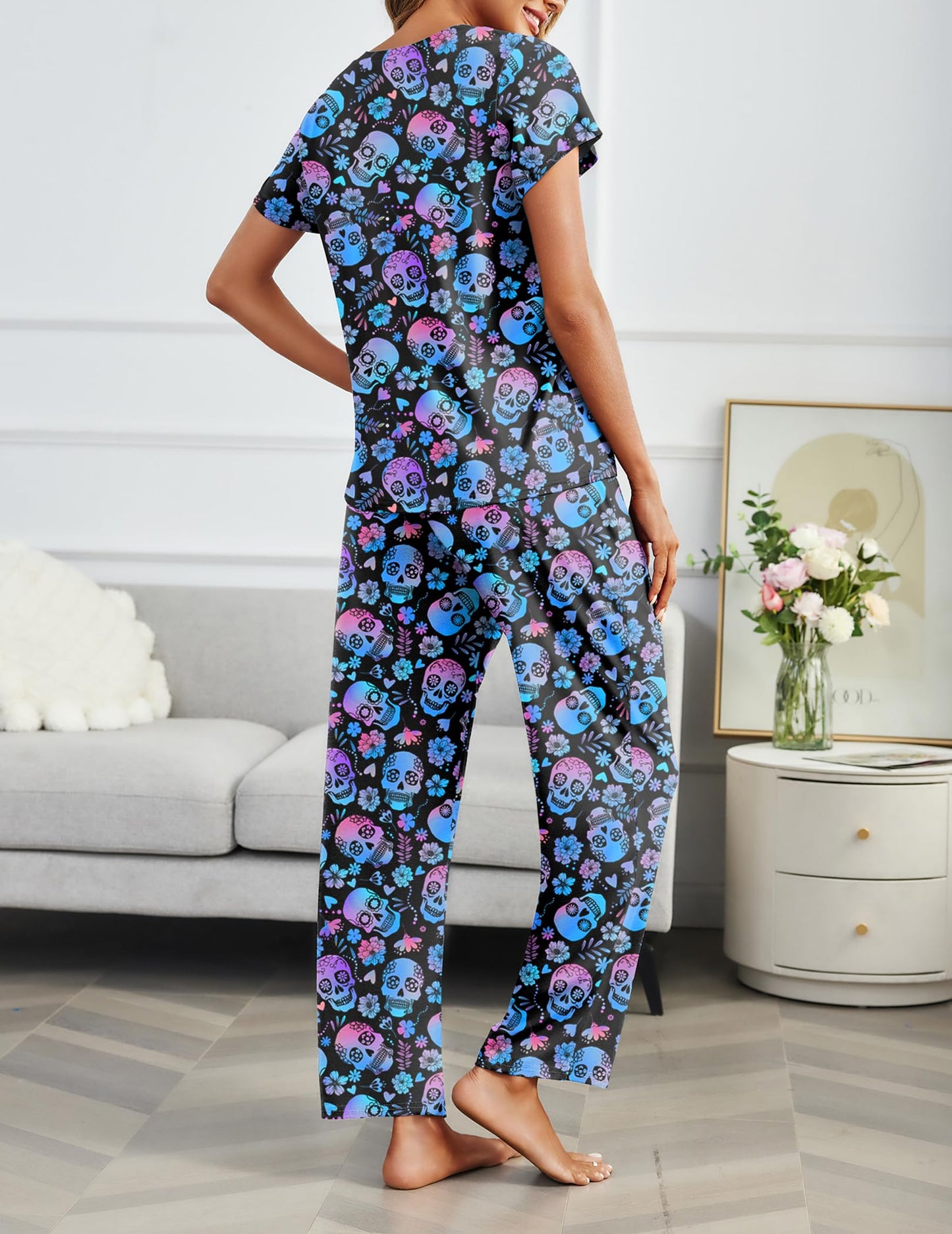 Ekouaer 2 Pack Pajamas for Women Set Short Sleeve Sleepwear Top and Pants Pjs Soft Printed Lounge Sets with Pockets Skull/Halloween XX-Large