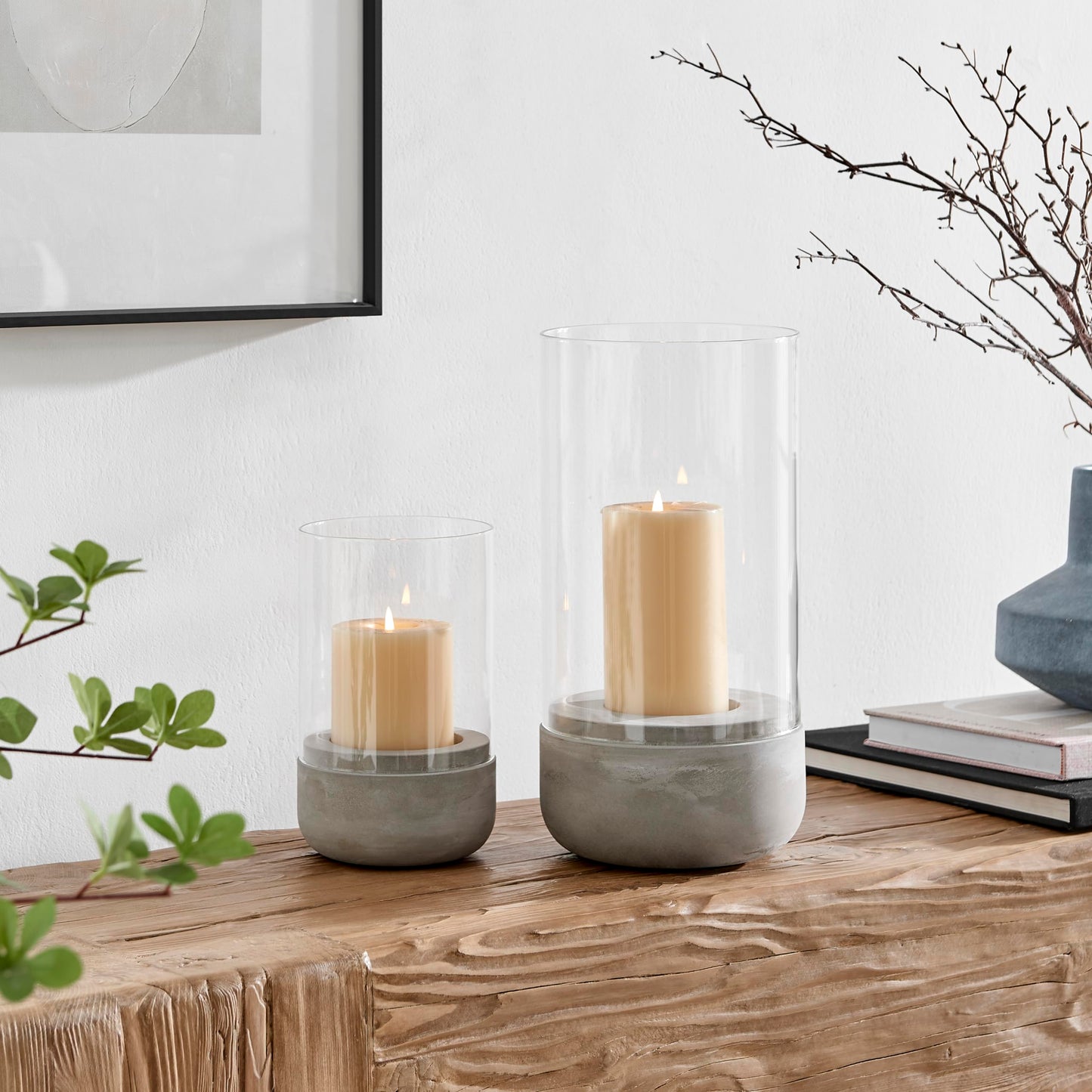 Danya B. Modern Cool Gray Cement Base and Glass Pillar Hurricane Candle Holder (Small)