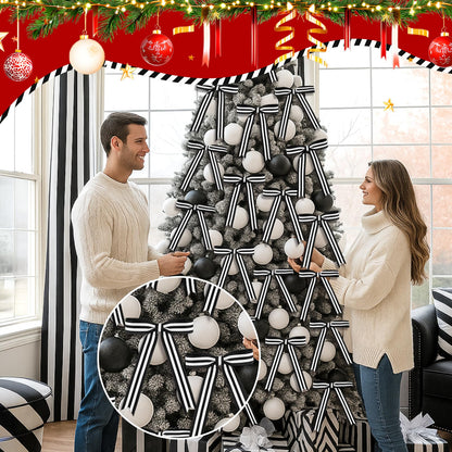 Riceshoot 24 Pcs 5x7 Black White Stripe Twist Tie Bows for Christmas Tree Memorial Gift Wrapping Bag Xmas Decoration Ribbon for Gothic Spooky Holiday Birthday Party Wreath DIY Craft (1 Inch Wide)