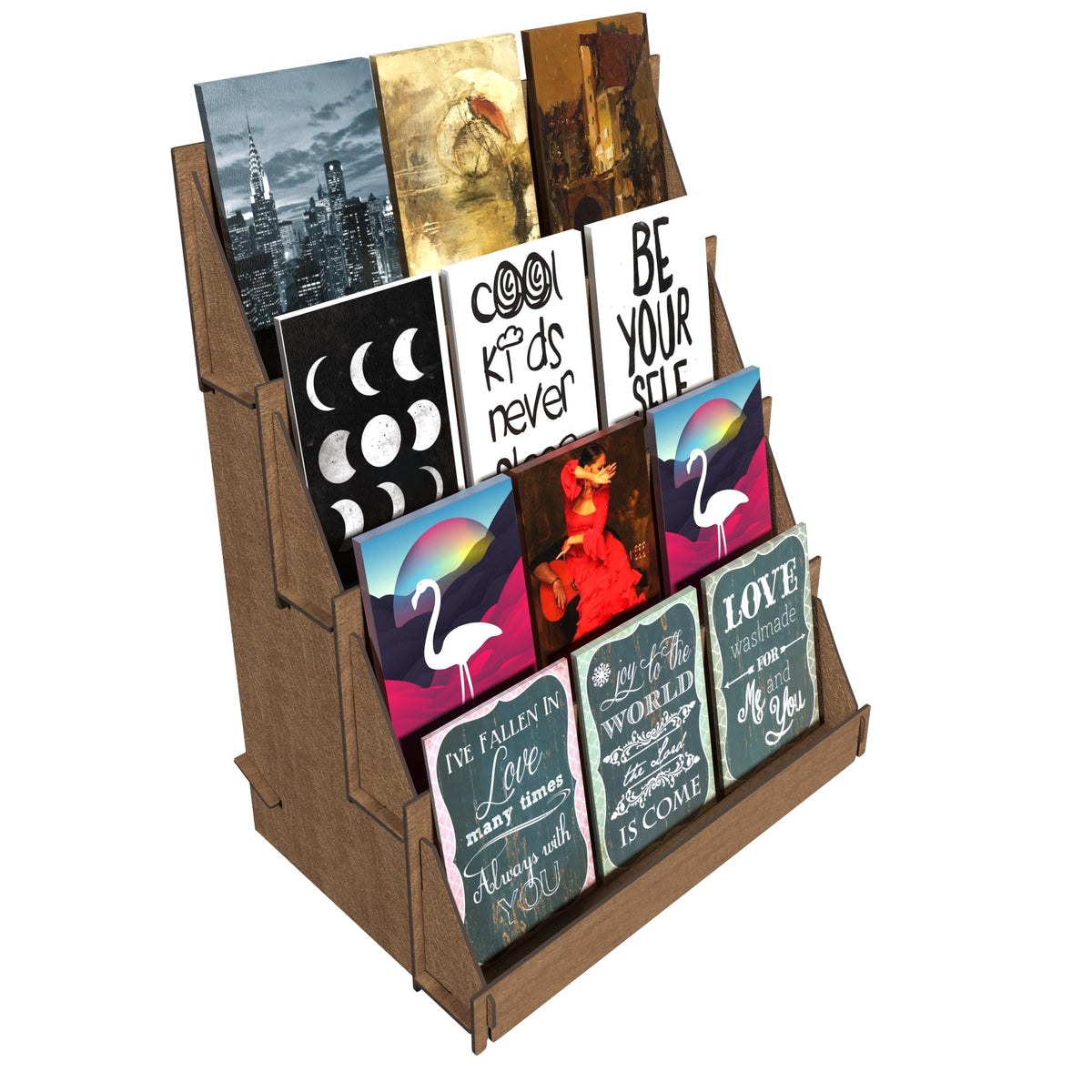 Walnut Portable 4 Tier Greeting Card & Rack Card Display - Counter Top Craft Show Stand - Coaster Display Rack - Farmers Market Tabletop Stand
