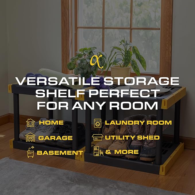 BLACK & YELLOW 4-Tier Heavy Duty Plastic Storage Shelves that Support up to 100lbs/shelf, Organization and Storage, Weather-Resistant Design, Easy Assembly, Made in The USA (55H x 24W x 20D)