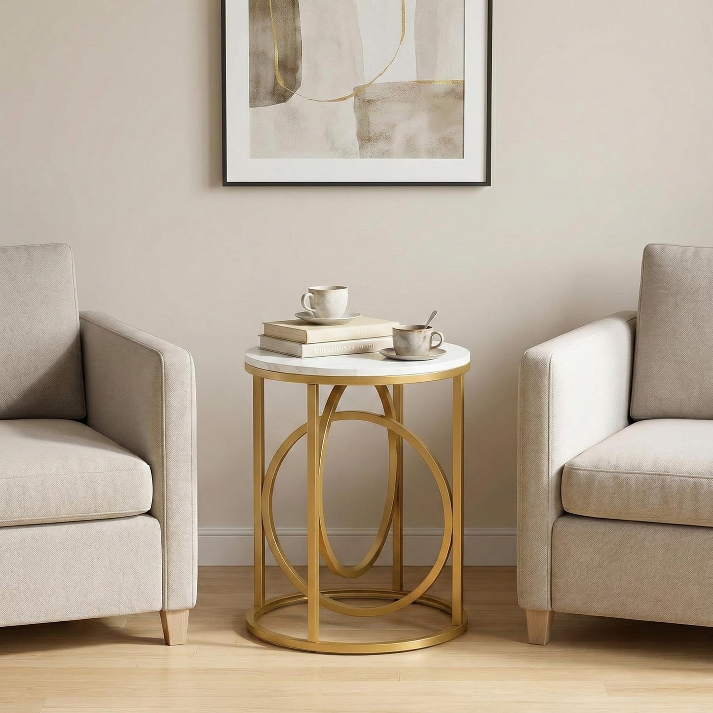 LITTLE TREE 20” Round End Table，Modern Sofa Side Table with Gold O-Shaped Base, Faux Marble White Cocktail Table Accent Table Nightstand for Living Room Bedroom, 2PCS