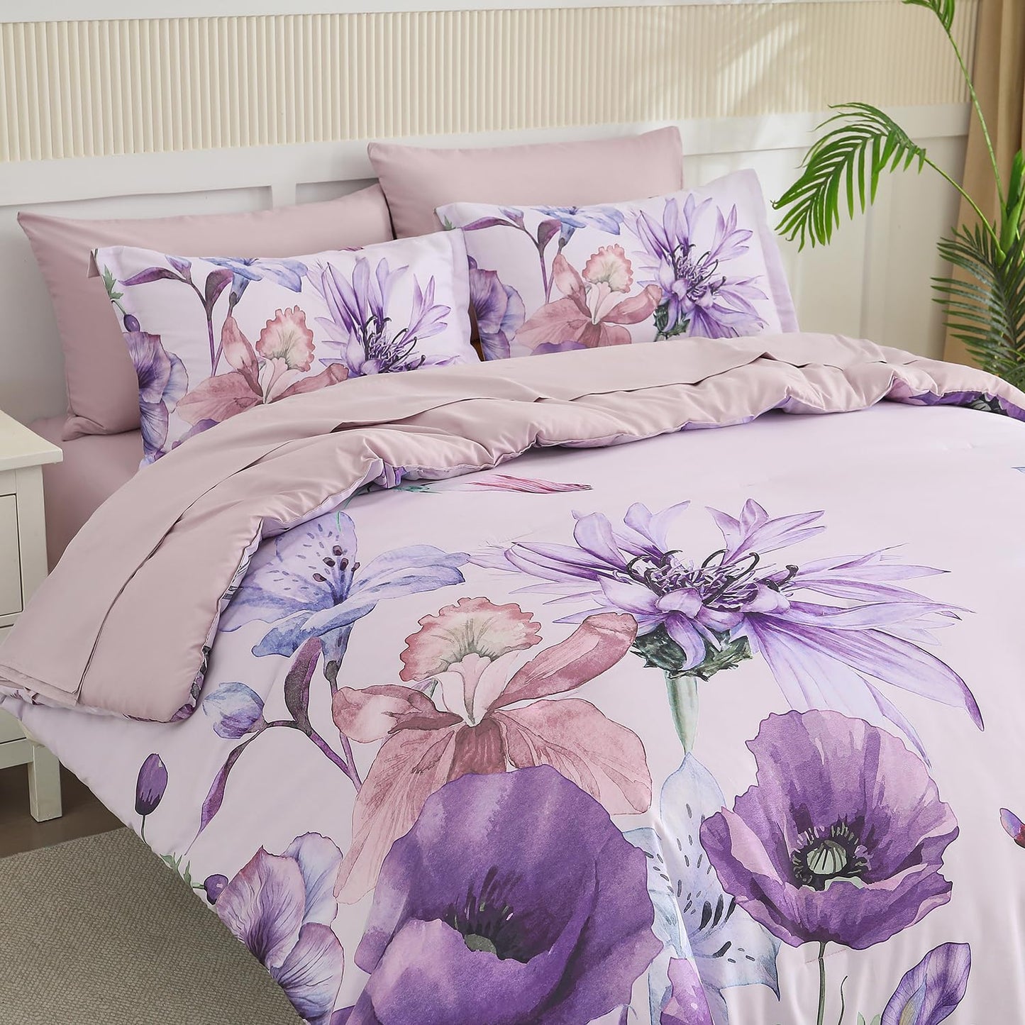 Yogeneg Queen Comforter Set 7 Piece Bed in a Bag,Elegant Floral Botanical Pattern Purple Bedding Set,Soft Microfiber Comforter with Sheet Set,All Season Bed Set(Purple Floral,Queen)