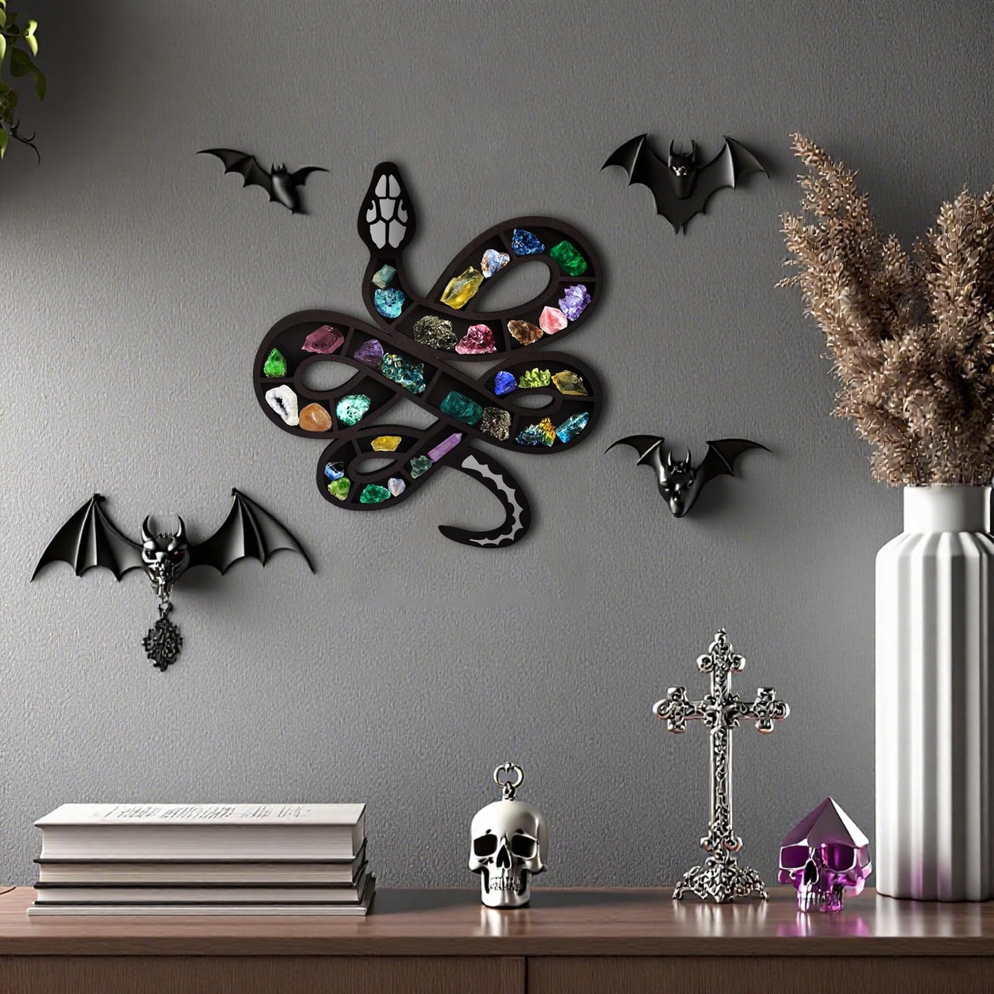 PYHIRRY Wooden Snake Crystal Display Shelf Gothic Snake Decor Crystal Shelf Holds Rocks Crystals Essential Oil Small Glass Bottles of Hanging Display Shelf Witchy Decor Snake Gifts (12” X 11.2”)