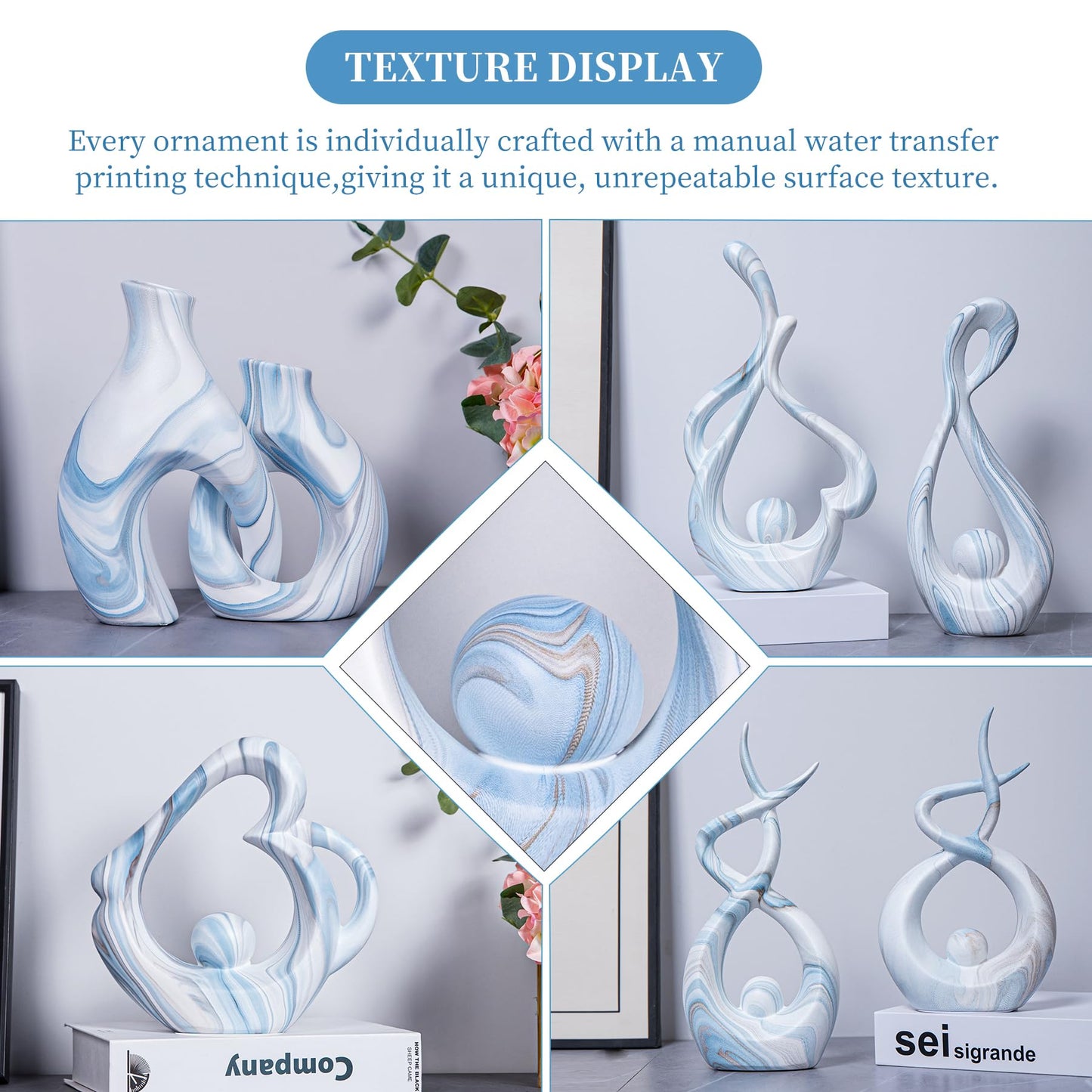 Blue Marble Ceramic Statues Set of 2, Abstract Knot Centerpiece Home Decor