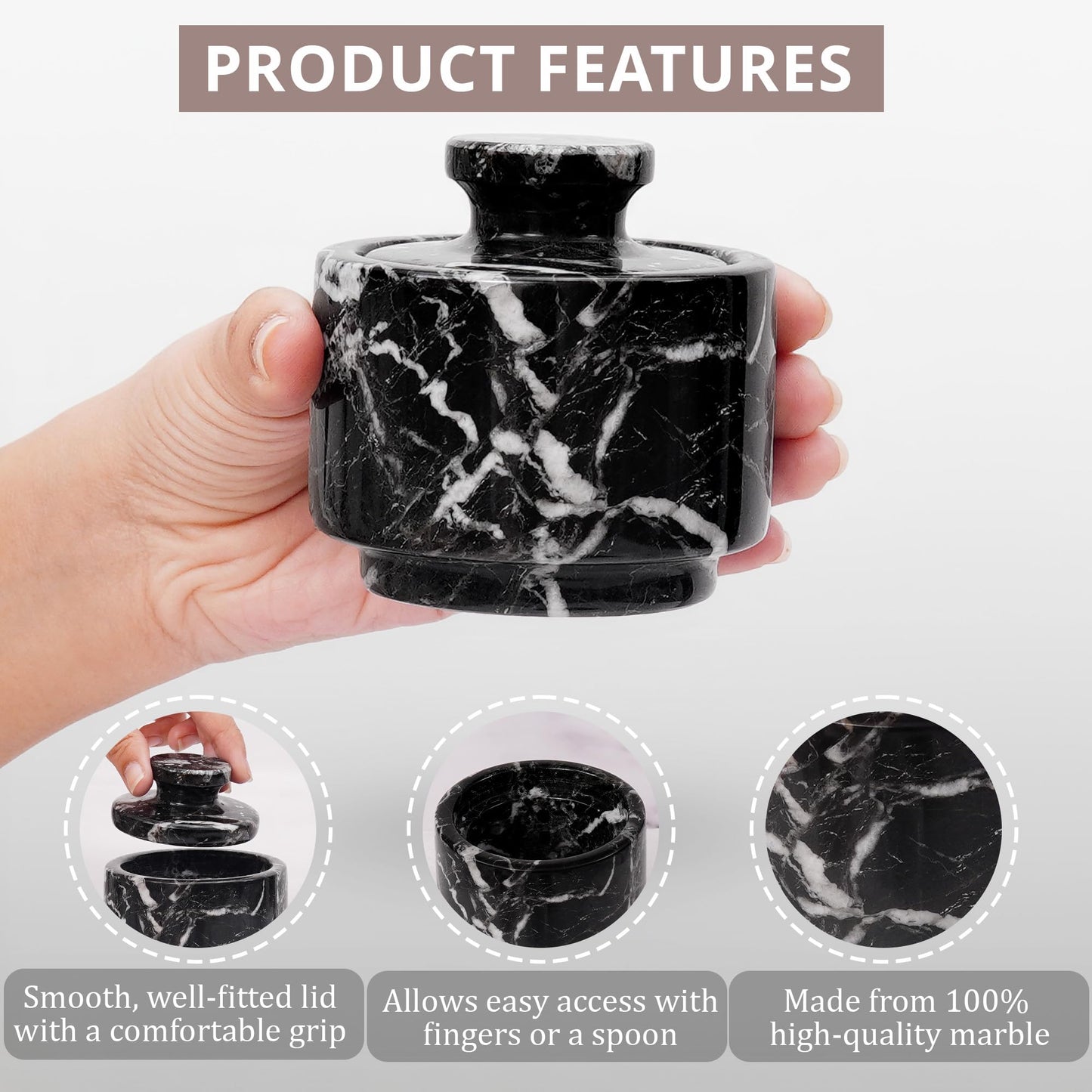 EARTHENTONES Marble Salt Cellar Set of 3 Zebra Black, 3 Inch Spice Storage Jars with Lid, Marble Sugar Keeper Tea Coffee Canister Set, Celtic & Maldon Sea Salt Holder, Luxury Countertop Home Gift