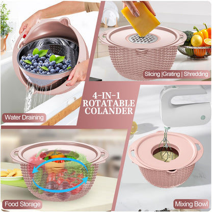 4-1 Strainer Bowl with Lid Set - Strainers and Colanders, Colander for Kitchen, Pasta Strainer, Fruit Cleaner, Veggie Wash, Funny Kitchen Present, Fruit Washing Bowl, Cooking Present for Women - Pink