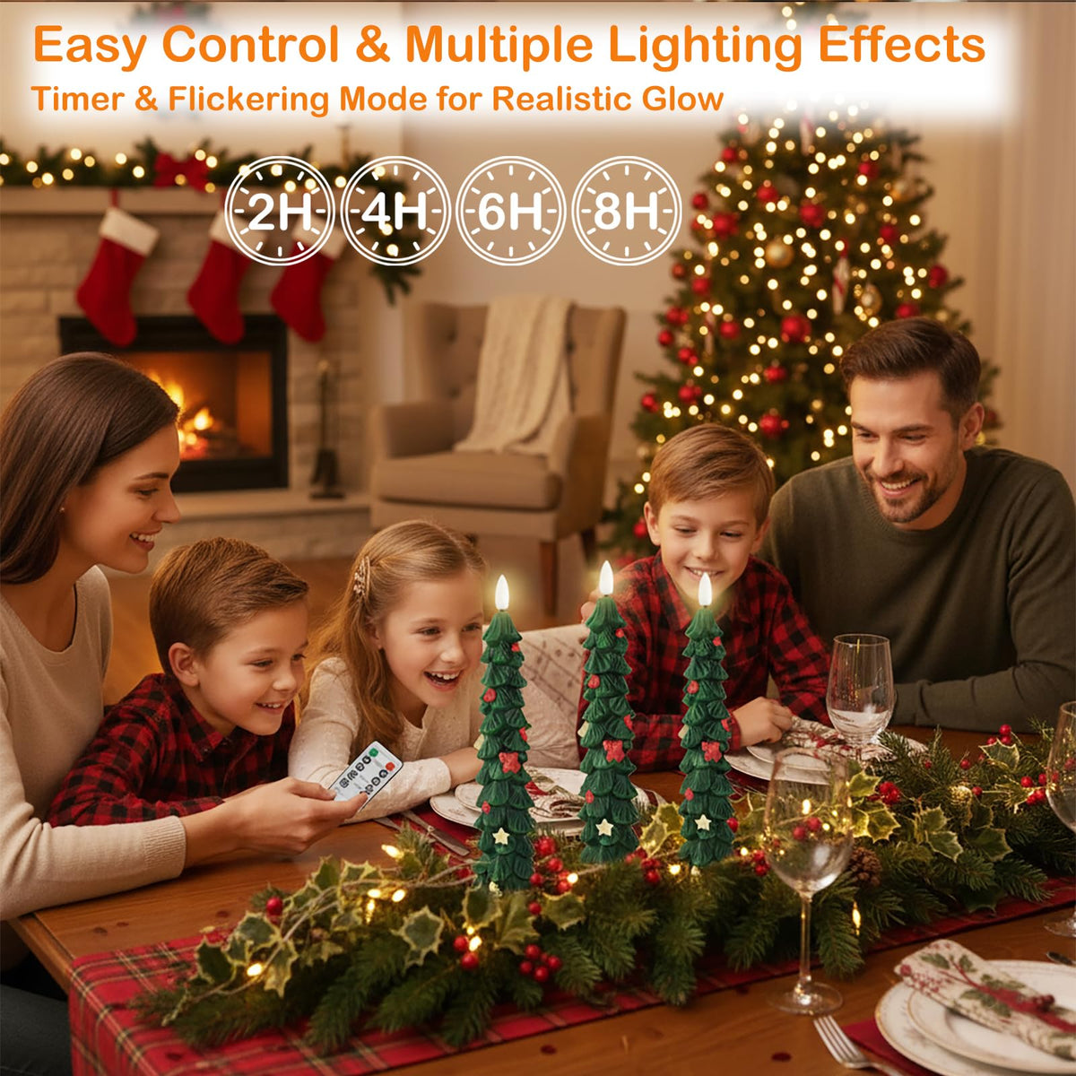 FYBW Christmas Tree Flameless Taper Candles with 10-Key Remote Timer,4 Pcs Green LED Taper Candles with 3D Flame for Holiday Dinner Decorations(Green-A)